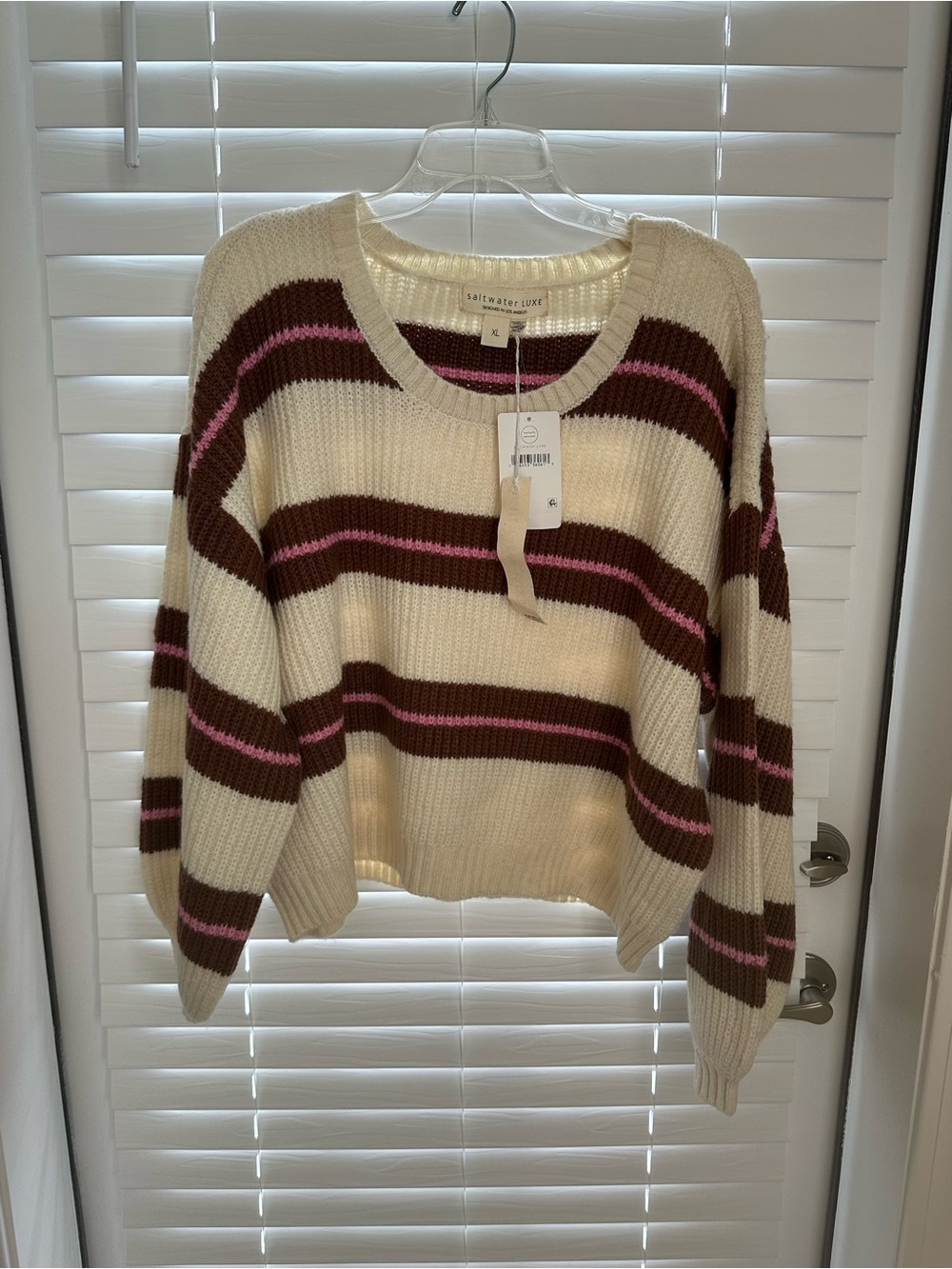 saltwater LUXE Cream Sweater with Brown and Pink Stripes